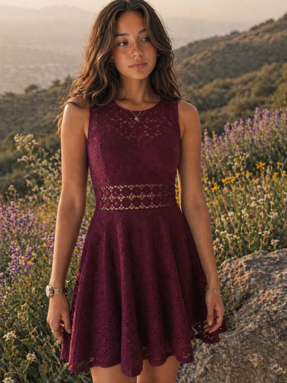 Free People Burgundy Lace Fit & Flare Dress Romantic Cottagecore